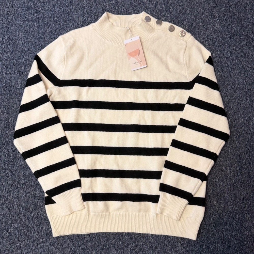 KIRUNDO Women Striped Mock Neck Sweater Cream Black Shoulder Button Knit Small
